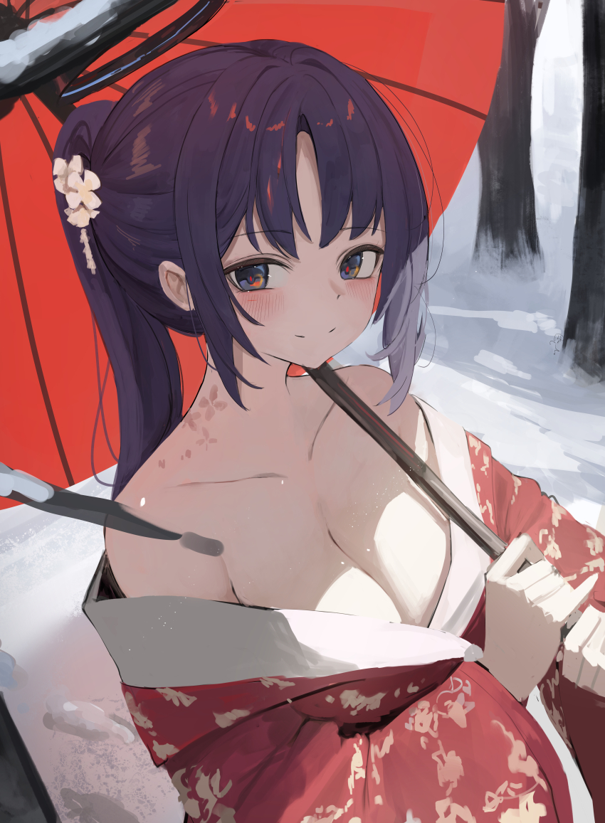 1girl absurdres alternate_costume black_halo blue_archive blue_eyes blue_hair blush breasts cleavage closed_mouth commentary flower_tattoo halo highres holding holding_umbrella japanese_clothes kimono large_breasts looking_at_viewer moji_(m_0j_4) neck_tattoo off_shoulder ponytail red_kimono red_umbrella solo tattoo umbrella upper_body wide_sleeves yuuka_(blue_archive)