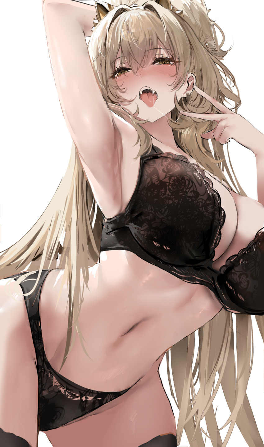 1girl arm_up armpits azur_lane black_bra black_panties blush bra breasts brown_hair highres huge_breasts liaowen lion_(azur_lane) long_hair looking_at_viewer navel open_mouth panties simple_background stomach tongue tongue_out underwear very_long_hair white_background