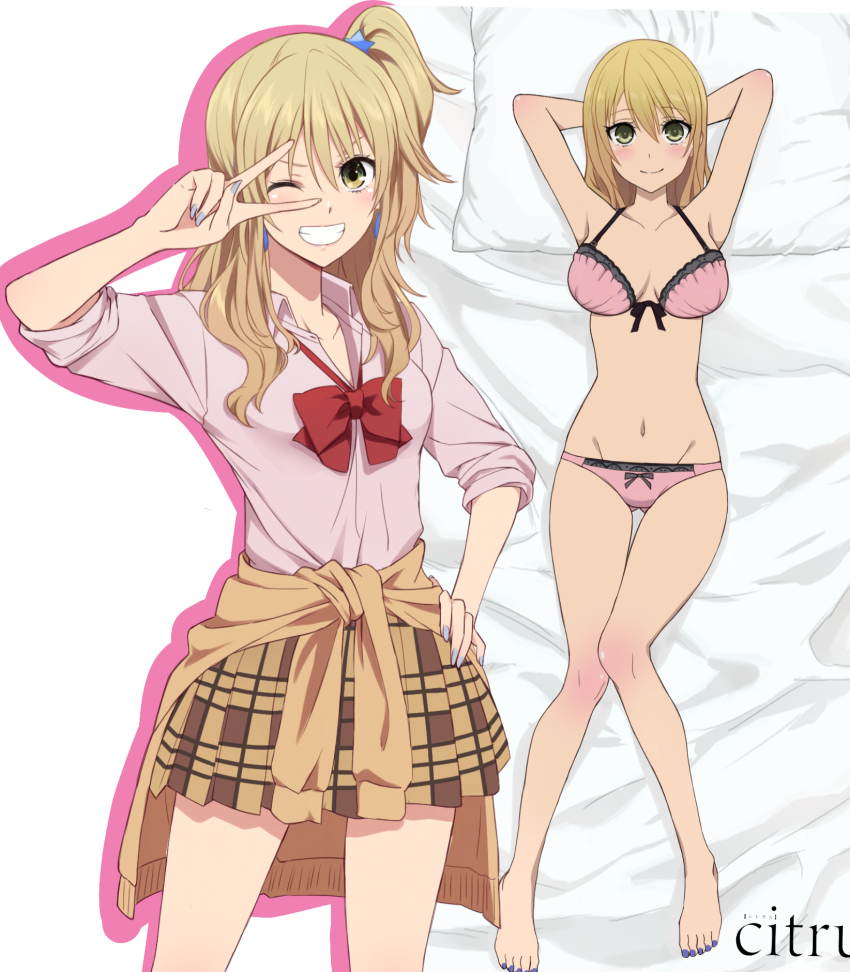 1girl aihara_academy_school_uniform aihara_yuzu blonde_hair blush breasts citrus_(saburouta) cleavage clothes_around_waist highres jewelry long_hair looking_at_viewer navel open_mouth pink_shirt saint_laurent_paris school_uniform shirt skirt smile sweater sweater_around_waist