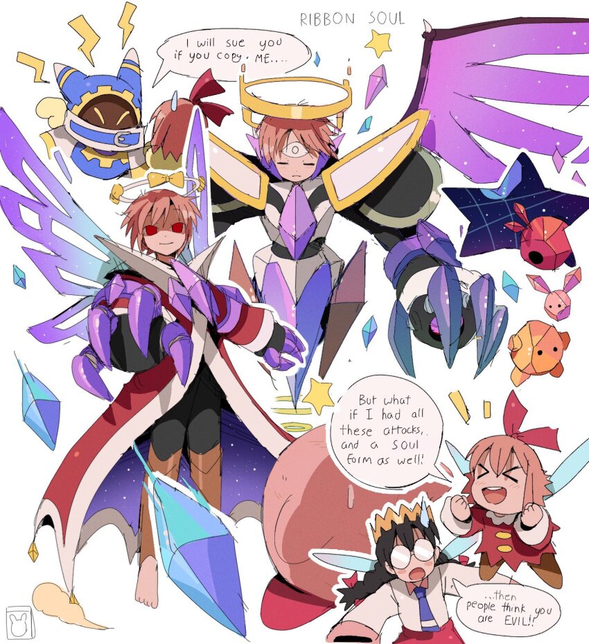 &gt;_&lt; 2boys 2girls alternate_universe angry armor barefoot bendedede black_hair blush_stickers braid butterfly_wings clenched_hands copy_x_(mega_man) crown crystal crystal_wings digital_dissolve dress evil_smile excited fairy fairy_wings glasses gold_trim halo highres huge_claws imagining insect_wings jacket kirby kirby_(series) kirby_64 long_coat long_jacket long_sleeves magolor mega_man_(series) mega_man_zero_(series) multiple_boys multiple_girls nintendo opaque_glasses open_mouth parody red_dress red_eyes red_jacket red_skirt ribbon_(kirby) ripple_star_queen shaded_face shirt skirt sleeves_past_fingers sleeves_past_wrists smile squee sweatdrop third_eye twin_braids very_long_sleeves what white_armor white_shirt wings worried