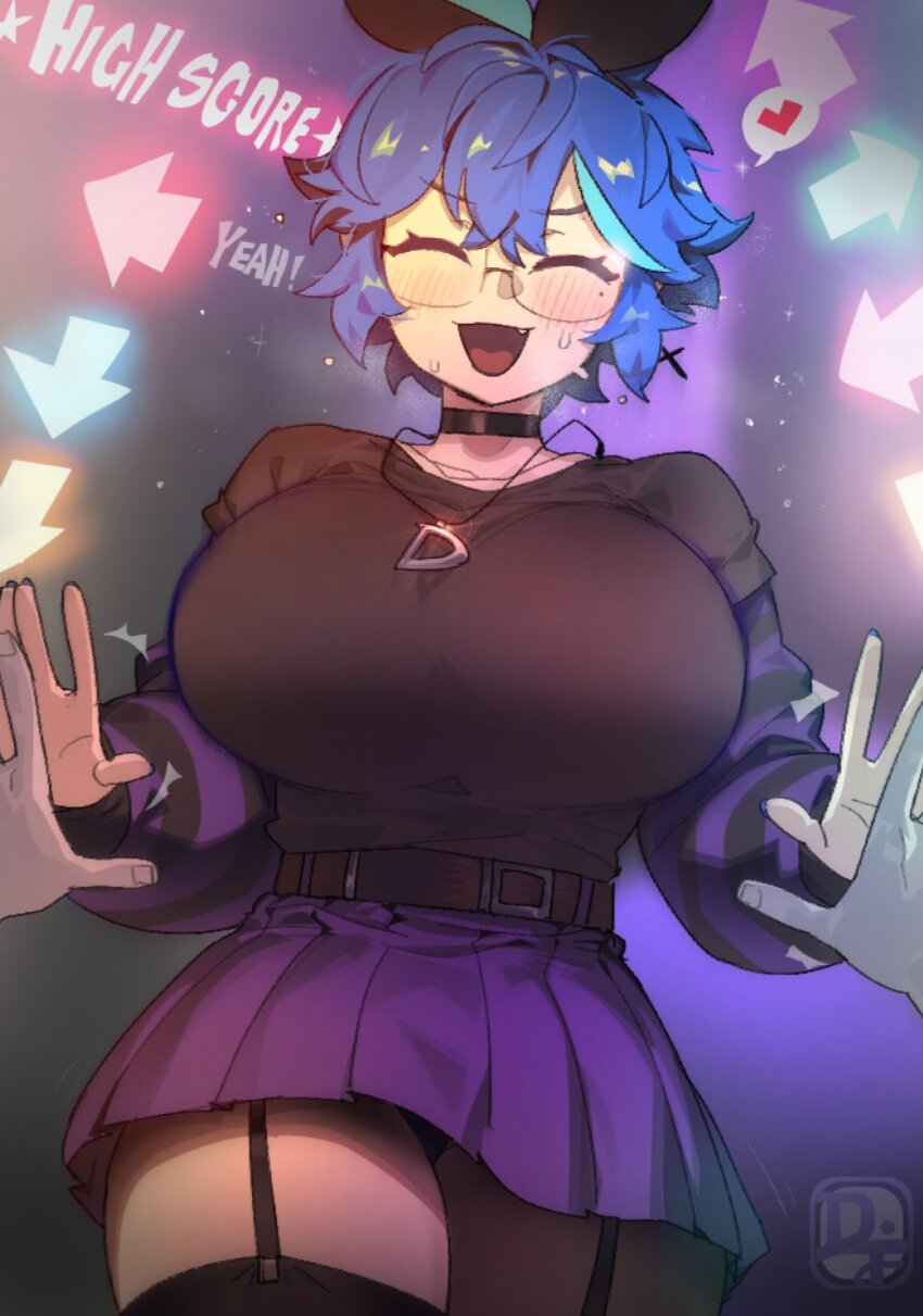 1boy 1girl arrow_(symbol) belt bemani black_bow black_choker black_shirt black_thighhighs blue_hair blue_nails blush bow breasts choker clapping closed_eyes dance_dance_revolution dancing dif_(difman) difman english_text fang garter_straps glasses hair_between_eyes hair_bow heart huge_breasts light_blue_hair mole mole_under_eye multicolored_hair necktie open_mouth original purple_shirt rimless_eyewear shirt short_hair sidelocks smile spoken_heart streaked_hair striped_clothes striped_shirt sweat t-shirt thick_thighs thighhighs thighs