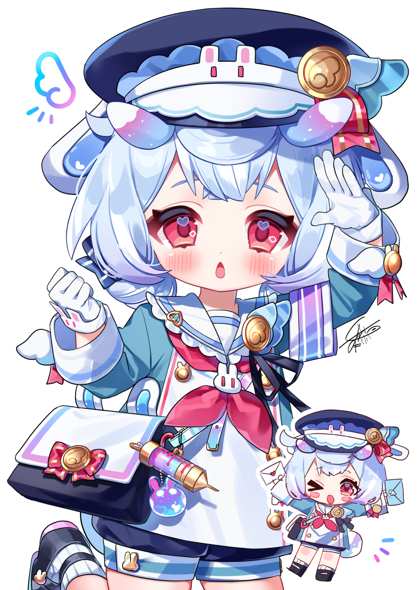 1girl absurdres animal_ears bag black_bag black_hat black_shoes blue_hair blush chestnut_mouth commentary_request foot_out_of_frame genshin_impact gloves hands_up hat heart heart_in_eye highres holding holding_letter leg_up letter long_hair long_sleeves looking_at_viewer meda_cha melusine_(genshin_impact) neckerchief open_mouth red_eyes red_neckerchief shoes shoulder_bag sigewinne_(genshin_impact) signature simple_background symbol_in_eye syringe white_background white_gloves