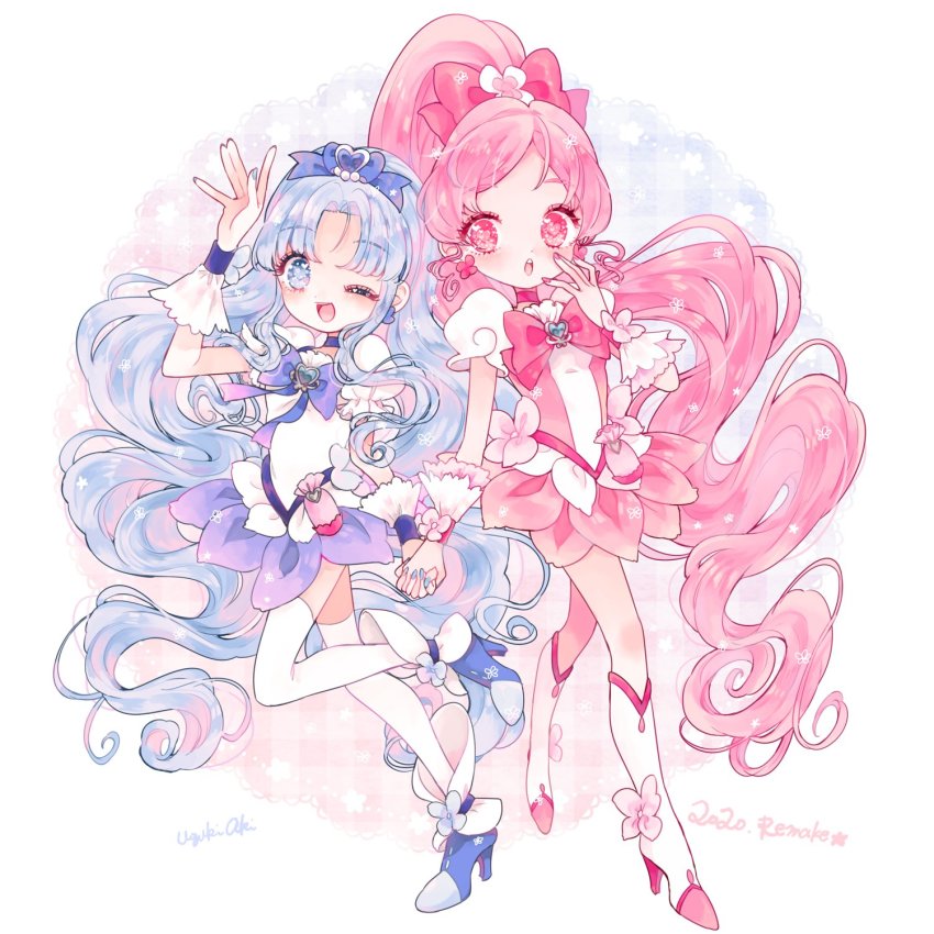 2girls :o blue_eyes blue_hair boots bow brooch cure_blossom cure_marine earrings full_body hair_ornament hair_ribbon hanasaki_tsubomi happy headdress heart heart-shaped_pupils heart_brooch heart_hair_ornament heartcatch_precure! high_heels highres holding_hands jewelry kurumi_erika long_hair looking_at_another magical_girl miniskirt multiple_girls nail_polish one_eye_closed open_mouth ponytail precure puffy_short_sleeves puffy_sleeves ribbon short_sleeves signature skirt symbol-shaped_pupils thighhighs uzuki_aki wrist_cuffs