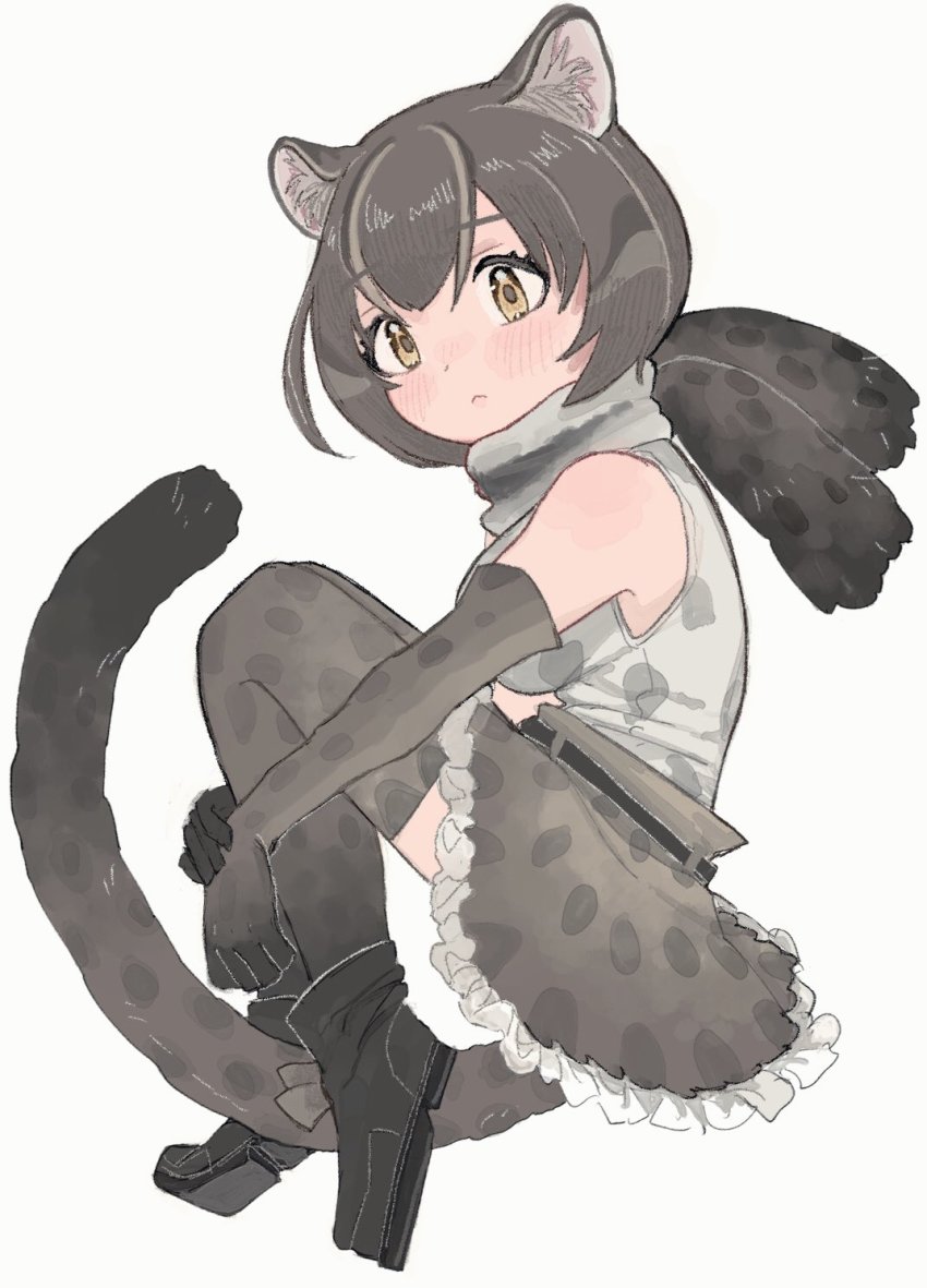 1girl animal_ears animal_print bare_shoulders blush cat_ears cat_girl cat_print cat_tail curled_up elbow_gloves fur_trim gloves grey_gloves grey_hair grey_shirt grey_skirt grey_thighhighs high-waist_skirt highres iriomote_cat_(kemono_friends) kemono_friends print_gloves print_shirt print_skirt print_thighhighs scarf shimazoenohibi shirt short_hair skirt sleeveless solo tail thighhighs yellow_eyes zettai_ryouiki
