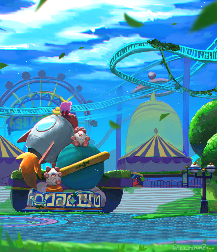 amusement_park bird blue_sky cloud colored_skin creature highres kirby kirby_(series) kirby_and_the_forgotten_land leaf leo_taranza nintendo no_humans pink_skin rocket roller_coaster scenery sky stairs tongue tongue_out tree wondog wondy