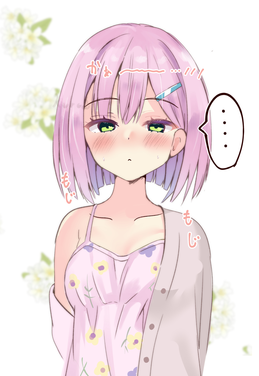 ... 1girl :&lt; absurdres blunt_bangs blunt_ends blush bob_cut breasts camisole cardigan closed_mouth collarbone commentary eyelashes fidgeting floral_background green_eyes grey_cardigan hair_behind_ear hair_between_eyes hair_ornament hairclip heart heart_in_eye highres looking_at_viewer medium_breasts open_cardigan open_clothes pink_camisole pink_hair purunyara short_hair simple_background single_bare_shoulder solo sound_effects spaghetti_strap speech_bubble spoken_ellipsis straight_hair sweatdrop symbol_in_eye tanikaze_amane tenshi_souzou_re-boot! tsurime upper_body white_background
