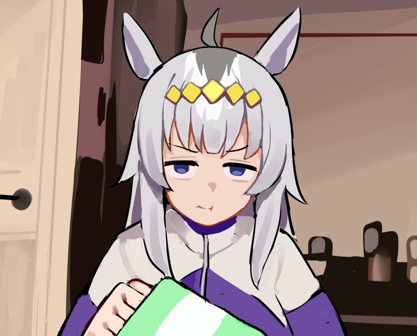 1girl :t ahoge animal_ears bag_of_chips blue_eyes closed_mouth eating grey_hair hair_ornament highres horse_ears horse_girl indoors jacket kasamatsu_tracen_training_uniform long_hair looking_at_viewer meme multicolored_jacket oguri_cap_(umamusume) purple_jacket remise ryback_eating_chips_(meme) solo two-tone_jacket umamusume umamusume:_cinderella_gray upper_body white_jacket