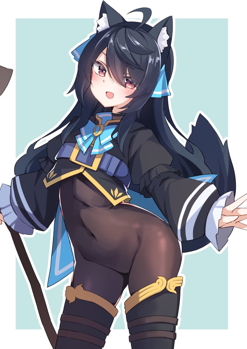 1girl :d ahoge animal_ear_fluff animal_ears aqua_background belt belt_buckle black_belt black_bodysuit black_hair black_jacket black_shirt black_shoes black_thighhighs blue_background blue_bow blue_bowtie blue_ribbon blush bodystocking bodysuit boots border borrowed_character bow bowtie brooch brown_eyes buckle cape cat_ears cat_girl cat_tail contrapposto covered_navel cowboy_shot crop_top crop_top_overhang cropped_jacket cropped_shirt eyes_visible_through_hair fang flat_chest frilled_sleeves frills groin hair_between_eyes hair_ribbon highres holding holding_staff jacket jewelry juliet_sleeves layered_sleeves long_hair long_sleeves looking_at_viewer navel open_mouth outline outside_border puffy_short_sleeves puffy_sleeves red_eyes ribbon shirt shoes short_over_long_sleeves short_sleeves simple_background six_box skin_tight sleeves_past_wrists smile solo staff standing svartlilja_(vrchat) tail thigh_boots thighhighs thighs two-tone_background undershirt very_long_hair vrchat white_background white_border white_outline wolf_ears wolf_girl wolf_tail