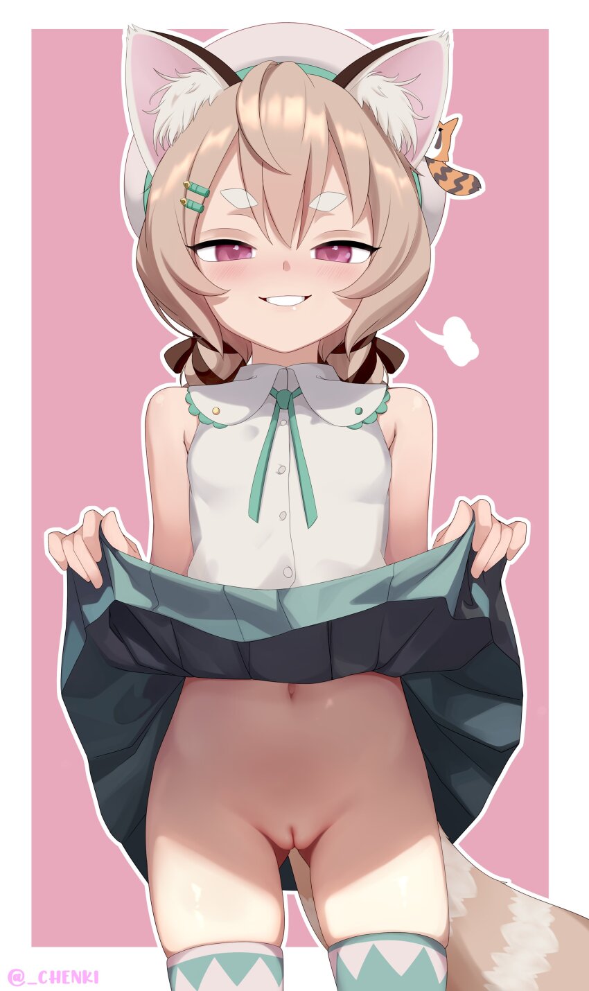 1girl absurdres animal_ear_fluff beret blush border breasts brown_hair brown_ribbon chenki_(chenki) cleft_of_venus clothes_lift cowboy_shot gluteal_fold green_ribbon green_skirt grin hair_between_eyes hair_ornament hair_ribbon hairclip hat highres komachi_panko lifting_own_clothes loli looking_at_viewer navel neck_ribbon no_panties outside_border parted_lips phase_connect pink_background pink_eyes pleated_skirt puff_of_air pussy red_panda_ears red_panda_girl red_panda_tail ribbon shirt short_eyebrows skirt skirt_lift sleeveless sleeveless_shirt small_breasts smile smug solo standing thick_eyebrows thighhighs uncensored virtual_youtuber white_border white_hat white_shirt