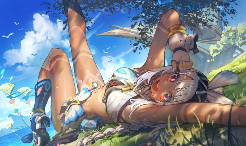 1girl absurdres black_hairband blue_footwear blue_nails blue_sky body_markings bracelet braid cloud commentary_request crop_top fingerless_gloves fish-shaped_pupils foot_out_of_frame genshin_impact gloves hairband highres jewelry leg_up long_hair looking_at_viewer low_twin_braids lying mualani_(genshin_impact) on_back open_mouth outdoors partial_commentary red_eyes revision simple_bird sky small_sweatdrop smile solo teeth twin_braids upper_teeth_only water white_gloves white_hair yu_hydra