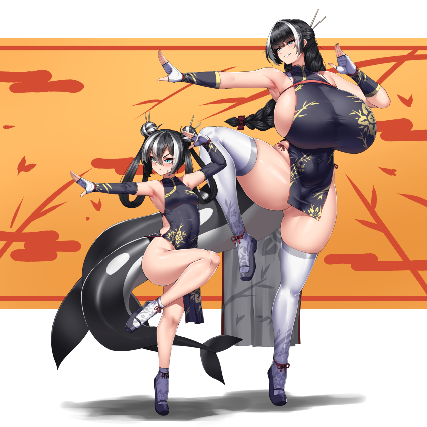 2girls absurdres alcyone_(last_origin) black_hair blue_eyes braid braided_ponytail breasts china_dress chinese_clothes cho!cho! detached_sleeves double_bun dress fighting_stance fingerless_gloves gigantic_breasts gloves hair_bun hair_rings highres last_origin martial_arts merope_(last_origin) multiple_girls no_panties pelvic_curtain size_difference skindentation small_breasts standing standing_on_one_leg tail thighhighs white_hair