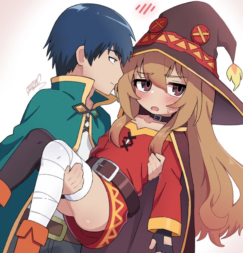 1boy 1girl aisaka_taiga artist_name ass averting_eyes belt belt_buckle black_cape black_gloves black_hat black_pants blue_hair blush boots breasts brown_belt brown_eyes brown_hair buckle cape carrying carrying_person collarbone commentary cosplay cowboy_shot dress embarrassed english_commentary feet_out_of_frame fingerless_gloves from_side furrowed_brow gloves green_cape hair_between_eyes hair_over_shoulder halftone hand_on_another&#039;s_back hand_on_another&#039;s_leg hat high_collar highres kono_subarashii_sekai_ni_shukufuku_wo! koonowen long_hair long_sleeves looking_ahead looking_at_another looking_to_the_side megumin megumin_(cosplay) narrowed_eyes off-shoulder_dress off_shoulder open_mouth orange_boots pants princess_carry red_dress red_trim satou_kazuma satou_kazuma_(cosplay) shirt short_dress sidelocks signature simple_background small_breasts spoken_blush standing sweatdrop takasu_ryuuji toradora! tunic white_background white_shirt witch_hat yellow_trim