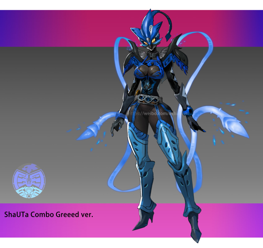 1girl absurdres belt blue_theme breasts cleavage commentary_request eel electricity full_body genderswap genderswap_(mtf) highres kamen_rider kamen_rider_ooo kamen_rider_ooo_(series) large_breasts letterboxed mezul o_medal octopus rcj shark shauta_(ooo_combo) solo tokusatsu whip