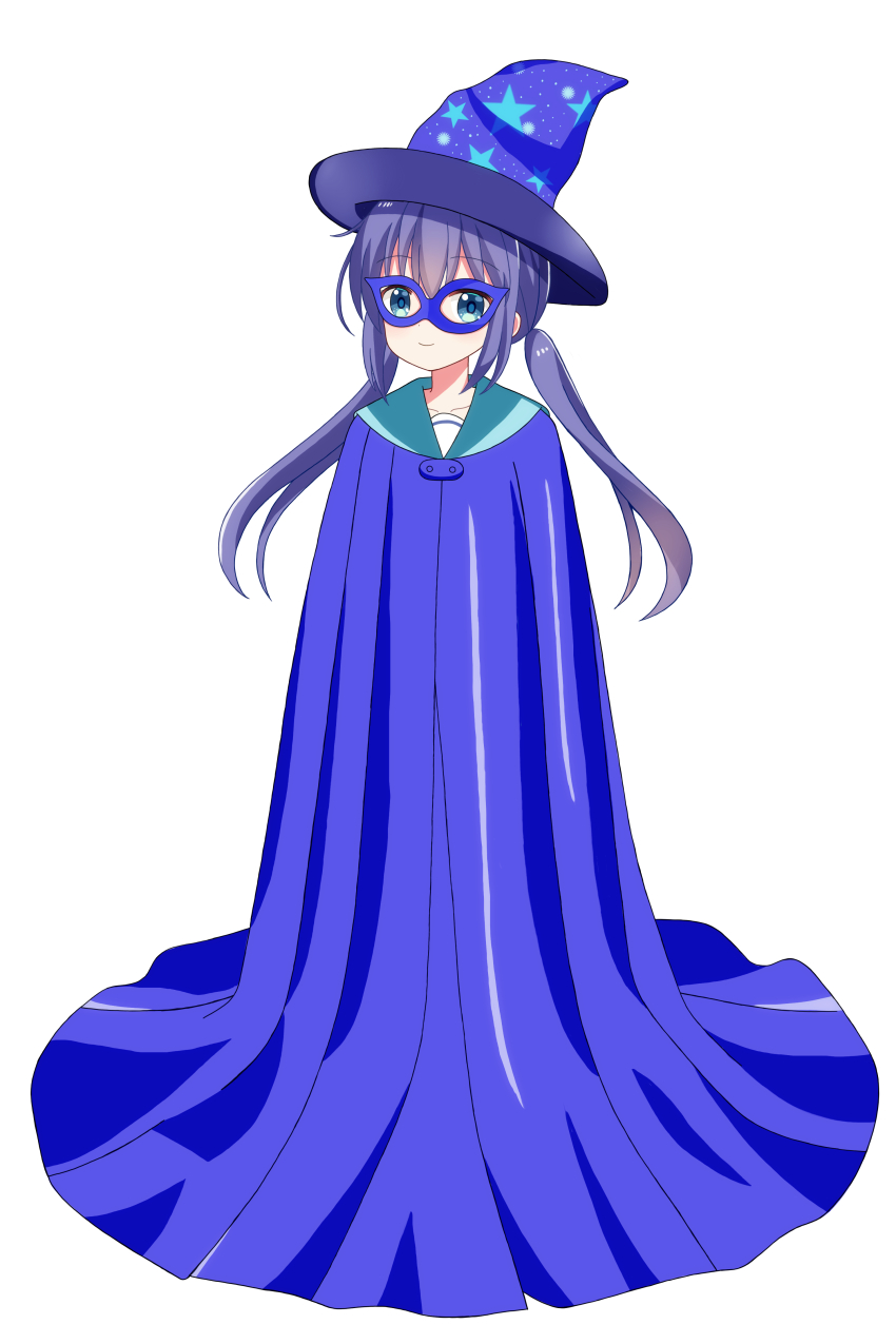 1girl absurdres blue_cloak blue_eyes blue_hair blue_hat cloak closed_mouth collarbone commission domino_mask full_body hat highres koisuru_asteroid long_hair looking_at_viewer low_twintails manaka_ao mask pixiv_commission print_hat ryoutan smile solo star_(symbol) star_print twintails witch_hat