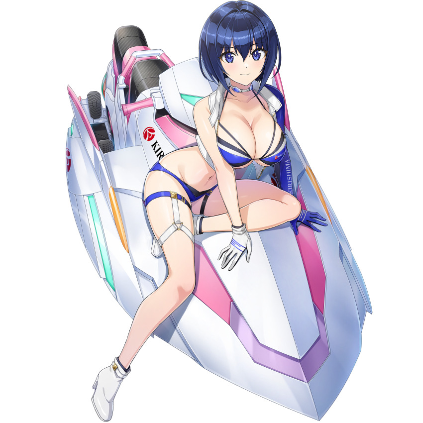 1girl asymmetrical_gloves bikini blue_bikini blue_eyes blue_gloves blue_hair blush breasts breasts_squeezed_together choker cleavage closed_mouth cropped_jacket dolphin_wave elbow_gloves game_cg gloves high_heels highres jet_ski large_breasts looking_at_viewer mismatched_gloves navel non-web_source o-ring o-ring_thigh_strap official_alternate_costume official_art on_jet_ski ootomo_takuji short_hair single_elbow_glove sitting skindentation smile solo swimsuit thigh_strap tojou_michiru transparent_background watercraft white_gloves