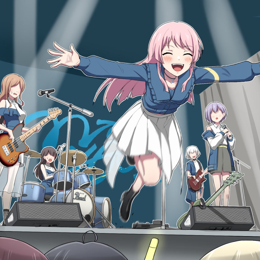 6+girls ahoge anglediana awa_subaru bang_dream! bang_dream!_it&#039;s_mygo!!!!! bare_shoulders black_hair blonde_hair boots breasts chihaya_anon chinese_commentary choker closed_eyes commentary_request crossover dress frilled_dress frills girls_band_cry highres iseri_nina jumping kaname_raana kawaragi_momoka long_hair midriff_peek multiple_girls mygo!!!!!_(bang_dream!) nagasaki_soyo open_mouth pencil pink_hair pleated_skirt purple_hair revision shiina_taki skirt small_breasts stage takamatsu_tomori teeth upper_teeth_only very_long_hair white_hair