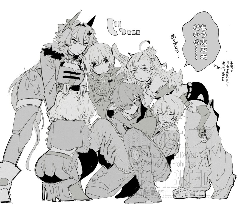 2boys 4girls ahoge arm_support artist_name asymmetrical_bangs baggy_pants belt bent_over black_thighhighs blush boots breasts burnice_white caesar_king_(zenless_zone_zero) carrying chest_guard clasp closed_eyes closed_mouth clothes_writing clothing_cutout collar collared_shirt cowlick cropped_jacket crossed_bangs detached_sleeves dot_nose english_text eyewear_on_head facing_away full_body furrowed_brow glasses greyscale hair_between_eyes hair_bun hair_intakes hair_ornament hand_on_another&#039;s_head hand_on_another&#039;s_thigh high-waist_skirt high_heel_boots high_heels highres horns jacket jitome kneeling large_breasts large_hands legs_apart lighter_(zenless_zone_zero) long_hair looking_at_another looking_down luciana_de_montefio medium_hair messy_hair midriff monochrome multiple_boys multiple_girls no_mouth nose_blush nukuikn on_one_knee pants piper_wheel pleated_skirt princess_carry shirt short_hair side_ponytail simple_background sketch skirt slit_pupils small_breasts speech_bubble squatting staring studded_jacket sweat sweatdrop thigh_boots thigh_cutout thighhighs translation_request turning_head twitter_username two_side_up very_long_hair watermark wavy_mouth white_background wise_(zenless_zone_zero) x_hair_ornament zenless_zone_zero zettai_ryouiki
