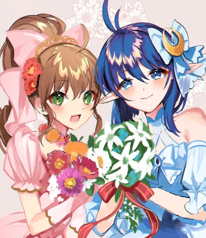 2girls blue_eyes blue_hair blush bouquet closed_mouth crescent crescent_hair_ornament dress flower gloves hair_flower hair_ornament highres long_hair looking_at_viewer multiple_girls open_mouth pointy_ears precis_neumann protected_link rena_lanford short_hair smile star_ocean star_ocean_anamnesis star_ocean_the_second_story ycco_(estrella)