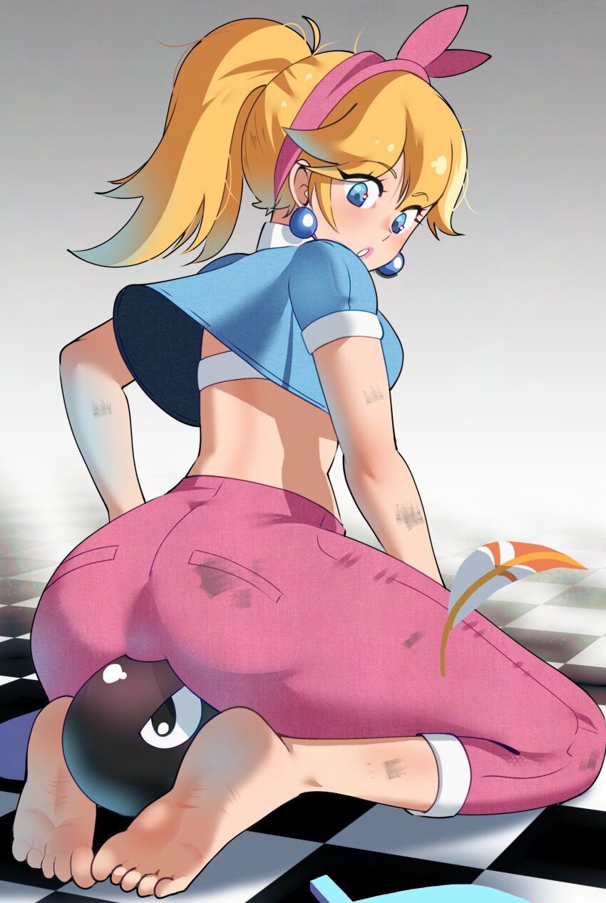 1girl absurdres ass barefoot blonde_hair blue_eyes blue_shirt blush bra breasts bullet_bill crop_top cropped_shirt earrings feathers gjh hair_ribbon hairband highres jewelry long_hair mario_(series) mario_kart mario_kart_world nintendo pants pink_hairband pink_pants pink_ribbon princess_peach princess_peach_(sightseeing) ribbon shirt solo sphere_earrings underwear white_bra
