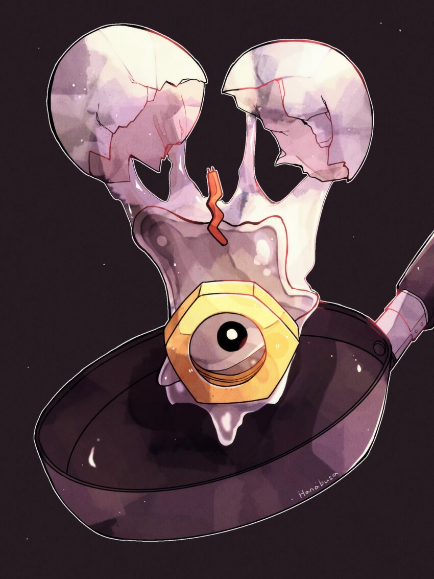 animal_focus black_background black_eyes commentary_request crack cracked_egg egg frying_pan gen_7_pokemon hanabusaoekaki highres meltan mythical_pokemon nintendo no_humans one-eyed pokemon pokemon_(creature) solo