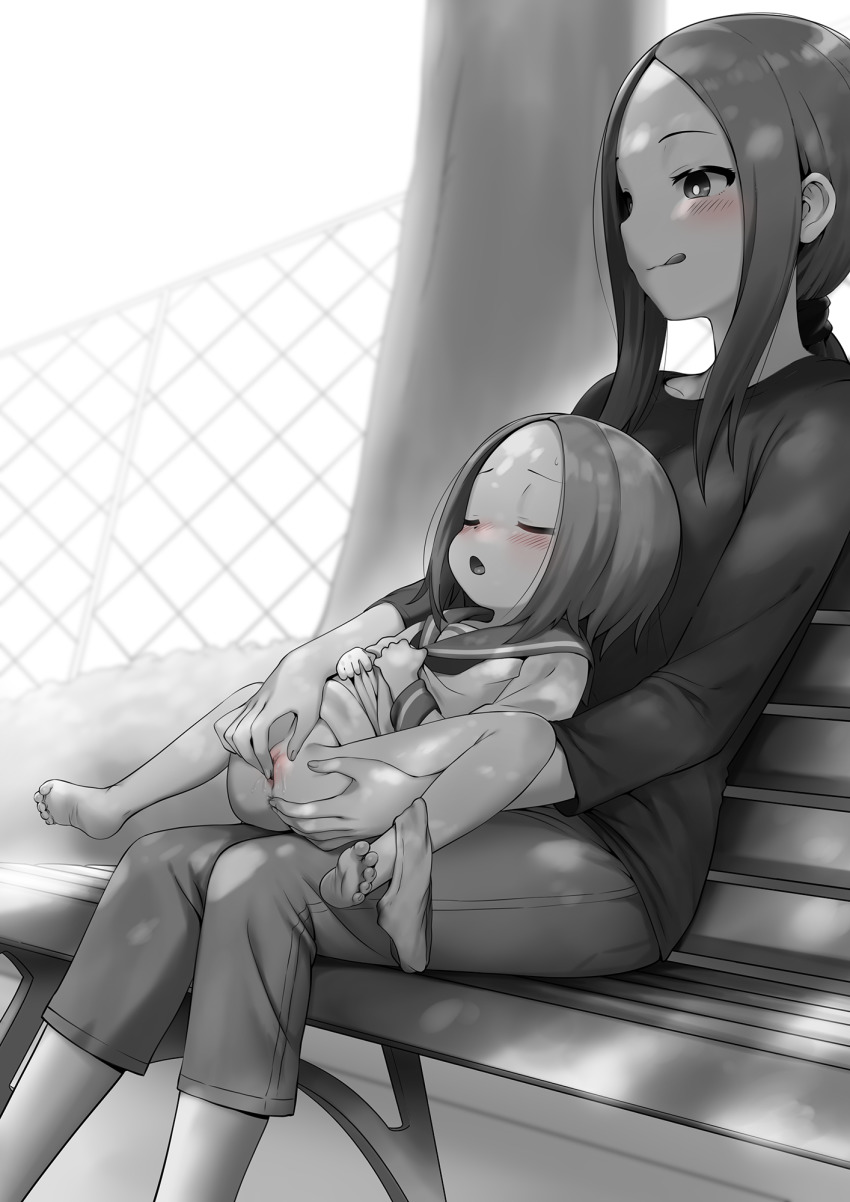 2girls :q age_difference babu bar_censor blush brown_hair censored closed_eyes commentary english_commentary female_focus fingering full_body greyscale highres incest karakai_jouzu_no_(moto)_takagi-san karakai_jouzu_no_takagi-san loli long_sleeves monochrome mother_and_daughter multiple_girls nishikata_chii onee-loli pants pussy short_hair sidelocks sitting spread_legs takagi-san tongue tongue_out yuri