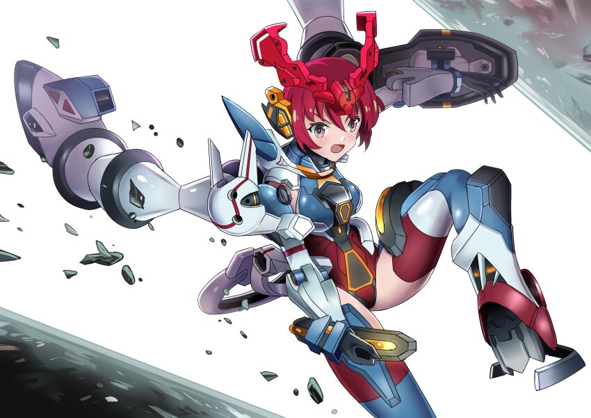 1girl absurdres amate_yuzuriha breasts commentary english_commentary gquuuuuux gundam highres leotard looking_at_viewer mecha_musume medium_breasts open_mouth red_eyes red_hair shield short_hair solo sudhiro_sappurisa thighhighs thrusters v-fin variant_set very_short_hair