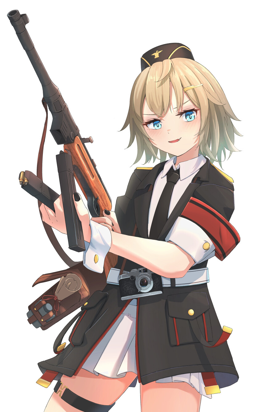 absurdres black_nails blue_eyes check_commentary commentary_request commission cowboy_shot detached_collar dutch_angle garrison_cap girls&#039;_frontline grey_hair gun hat highres holding holding_gun holding_weapon light_smile military_uniform mp41 mp41_(girls&#039;_frontline) nazi necktie okapi_(yomaigoto) pixiv_commission reloading short_hair submachine_gun thigh_strap weapon