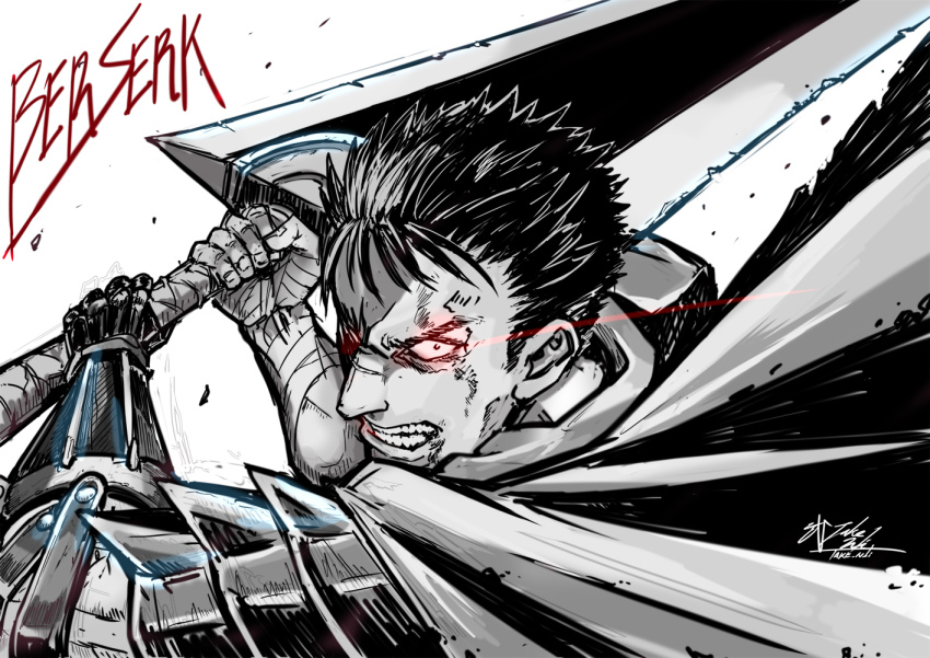 1boy armor berserk cape clenched_teeth commentary copyright_name gauntlets guts_(berserk) holding holding_sword holding_weapon incoming_attack looking_at_viewer male_focus solo sword take_nii teeth weapon