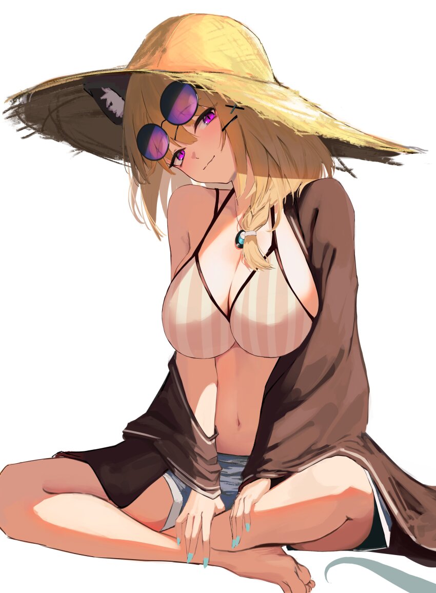 1girl absurdres animal_ears aqua_nails arknights barefoot bikini bikini_top_only braid breasts brown_bikini brown_hair brown_jacket cleavage closed_mouth commentary_request denim denim_shorts fingernails grey_shorts hat head_tilt highres indian_style jacket large_breasts looking_at_viewer nail_polish nekomatamago official_alternate_costume open_clothes open_jacket purple-tinted_eyewear purple_eyes round_eyewear shorts simple_background single_bare_shoulder single_braid single_off_shoulder sitting slit_pupils smile solo straw_hat striped_bikini striped_clothes swimsuit tail tinted_eyewear toes utage_(arknights) utage_(summer_flowers)_(arknights) vertical-striped_bikini vertical-striped_clothes white_background