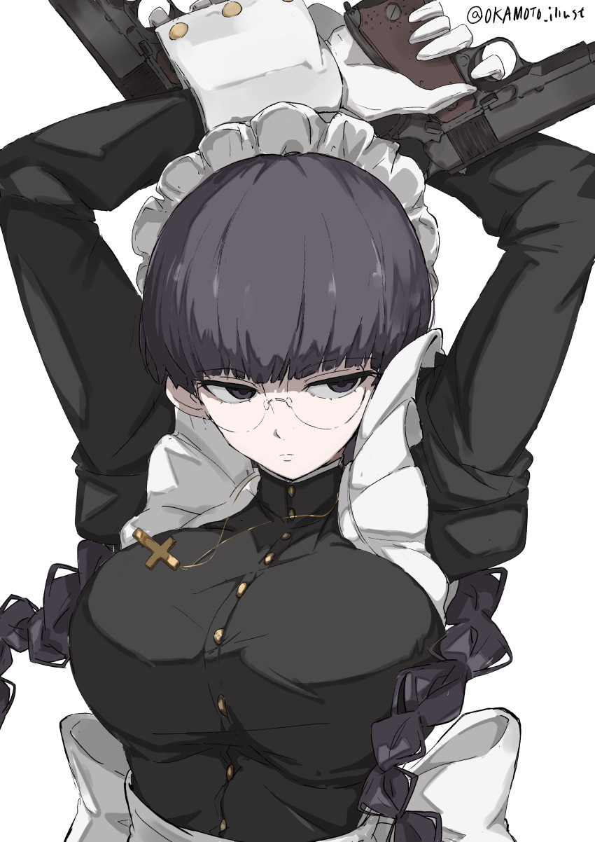1girl absurdres arms_up artist_name black_hair black_lagoon braid breasts closed_mouth commentary_request cross cross_necklace dual_wielding expressionless finger_on_trigger glasses gloves gun handgun highres holding jewelry long_hair m1911 maid maid_headdress necklace roberta_(black_lagoon) simple_background solo twin_braids twitter_username upper_body weapon white_background white_gloves white_gorilla_(okamoto) white_headdress