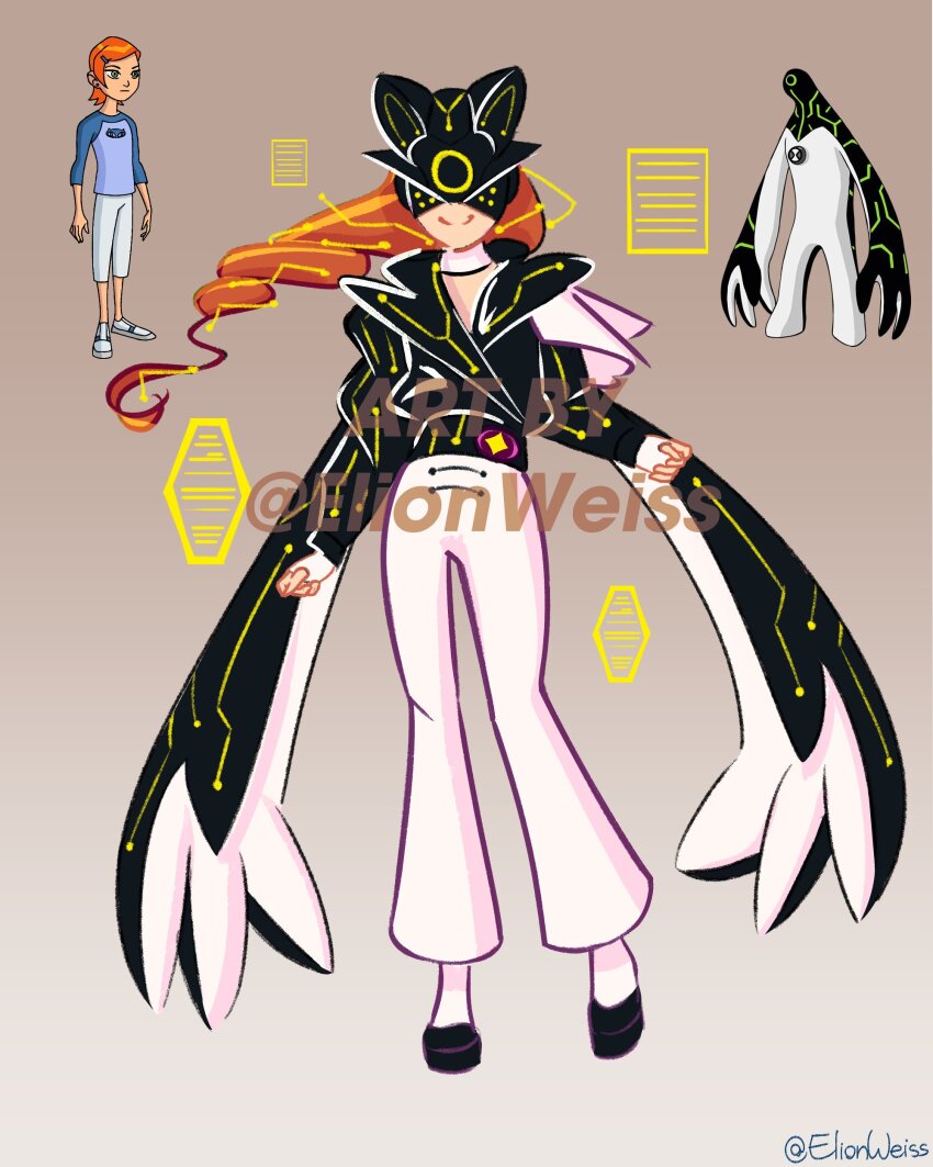 1girl absurdres alien alternate_universe animal_ears animal_helmet ascot bell-bottoms belt_buckle ben_10 black_footwear black_jacket brown_background buckle cat_ears circuit_board_print curly_hair elion_weiss extra_arms fake_animal_ears fashion fingerless_gloves fusion gloves gradient_background gwen_tennyson high_collar highres holographic_interface jacket living_clothes long_hair magical_girl neon_trim pants shoulder_pads smile twitter_username upgrade_(ben_10) visor_(armor) watermark white_ascot white_pants