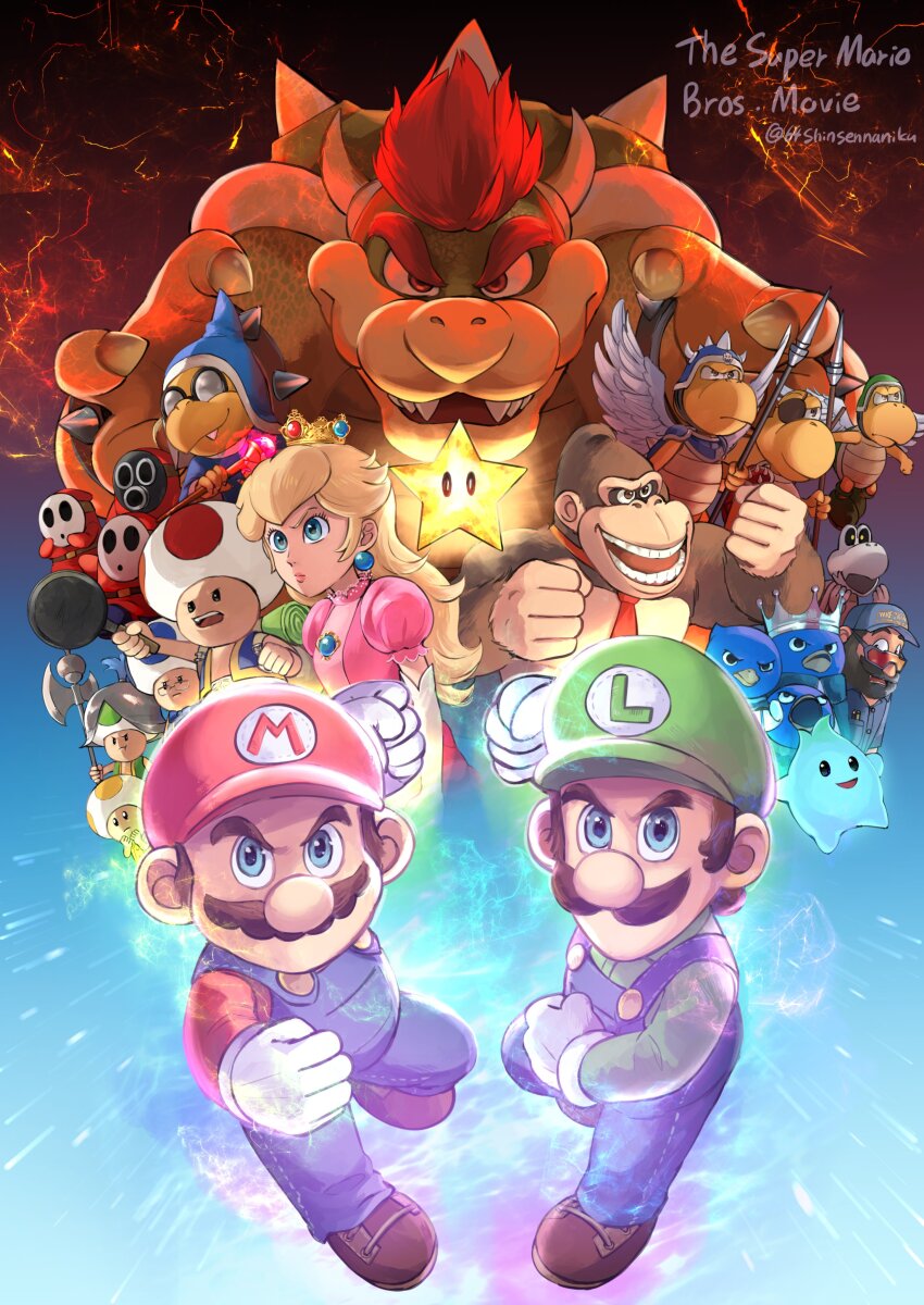 absurdres bowser donkey_kong dry_bones facial_hair foreman_spike hat highres jumping kamek king_penguin_(mario) koopa_general koopa_paratroopa koopa_troopa luigi lumalee mario mario_(series) mustache nintendo penguin_(mario) powering_up princess_peach sasaki_sakiko shy_guy sky snifit super_star_(mario) the_super_mario_bros._movie toad_(mario) transformation universal_studios