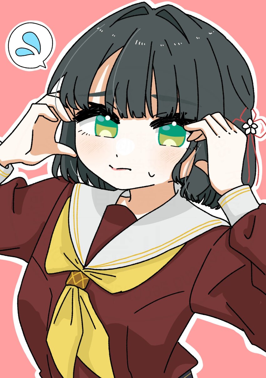 1girl absurdres black_hair blunt_bangs blunt_ends blush bob_cut brown_dress clip_studio_paint_(medium) closed_mouth commentary_request dress embarrassed flower flower_knot flying_sweatdrops frown green_eyes hair_flower hair_ornament hands_on_own_cheeks hands_on_own_face hasu_no_sora_school_uniform highres link!_like!_love_live! long_sleeves looking_at_viewer love_live! making-of_available momose_ginko neckerchief outline pink_background puripuri_hurai sailor_collar sailor_dress school_uniform short_hair simple_background solo split_mouth spoken_flying_sweatdrops sweatdrop virtual_youtuber white_outline white_sailor_collar winter_uniform yellow_neckerchief