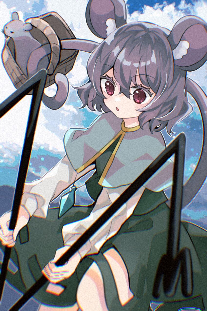 1girl animal_ear_fluff animal_ears basket blush capelet cloud cowboy_shot dowsing_rod gem gold_trim grey_capelet grey_hair grey_skirt grey_vest hair_between_eyes highres holding holding_with_tail jewelry katsuragi_atori long_sleeves mouse_(animal) mouse_ears mouse_girl mouse_tail nazrin necklace open_mouth pendant prehensile_tail red_eyes short_hair skirt skirt_set sky tail touhou vest