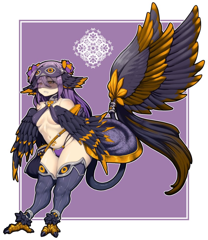1girl bare_shoulders bird_legs black_feathers black_thighhighs black_wings border breasts commentary commission drooling english_commentary feathered_wings feathers flower hair_between_eyes hair_flower hair_ornament harpy head_wings highres long_hair medium_breasts monster_girl navel niandni oneiroi_(apexhydra8) original panties partially_feathered_tail purple_background purple_hair purple_panties purple_thighhighs solo stomach_tattoo talons tattoo thick_thighs thighhighs thighs underwear white_border winged_arms winged_tail wings