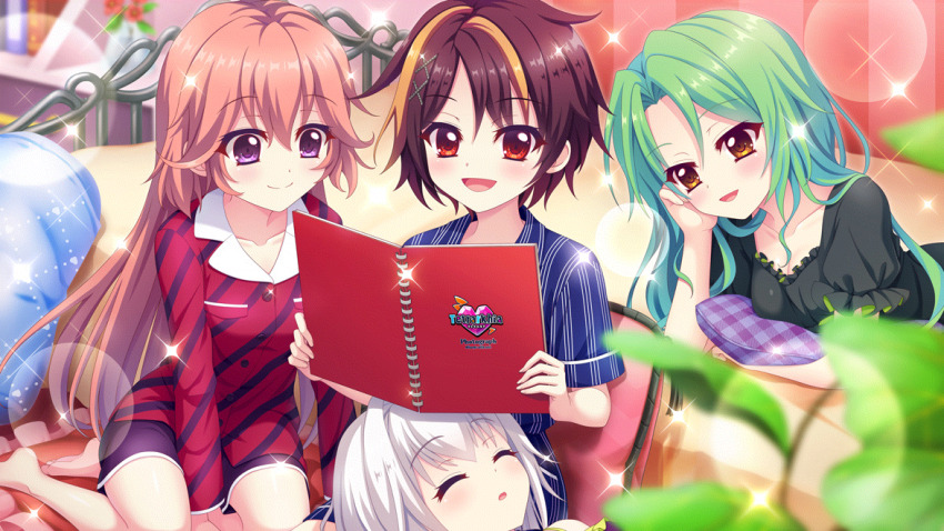 4girls bandou_mikuru barefoot bed bedroom between_legs birthday blonde_hair blue_pajamas blurry blurry_background blurry_foreground book breasts brown_hair cleavage closed_eyes closed_mouth collarbone diagonal-striped_shirt dot_nose film_grain flipped_hair flower game_cg green_hair group_name haeno_akari hair_down hair_ornament hand_between_legs hand_on_own_head holding indoors izumi_tsubasu lap_pillow lens_flare logo long_hair lying medium_breasts multicolored_hair multiple_girls nishidate_haku non-web_source official_art on_back on_stomach open_mouth orange_hair pajamas photo_album pillow plant potted_plant purple_eyes purple_shorts re:stage! red_eyes red_flower red_shirt shirokita_kuroha shirt short_hair shorts sitting sleeping smile sparkle streaked_hair striped_pajamas two-tone_hair vertical-striped_clothes vertical-striped_pajamas white_hair x_hair_ornament yellow_eyes yokozuwari