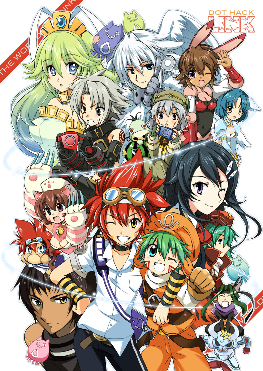 .hack// .hack//ai_buster .hack//g.u. .hack//games .hack//link .hack//roots .hack//sign .hack//tasogare_no_udewa_densetsu 6+boys 6+girls absurdres aika_(.hack//) albireo_(.hack//) amagi_saika angel_wings anger_vein animal_ears animal_hands arms_up bag balmung_(.hack//) belt black_belt black_gloves black_hair black_pants black_shirt blue_dress blue_eyes blue_hair brown_belt brown_eyes brown_gloves brown_hair brown_headwear brown_jacket cat_ears cat_girl chim_chim claws clenched_hand closed_eyes commentary_request controller cowboy_shot dark-skinned_female dark-skinned_male dark_skin dress english_text facial_mark fake_animal_ears game_controller gauntlets gloves goggles goggles_on_head gradient_hair green_hair grin grunty hair_ornament hand_on_own_hip hand_up haseo_(.hack//) hat head_wings heterochromia high_collar highres holding holding_controller holding_game_controller incoming_attack incoming_punch izumi_rei jacket kite_(.hack//) kunisaki_shugo kuryuu_tokio leotard long_hair looking_at_viewer mask mimiru_(.hack//) multicolored_hair multiple_belts multiple_boys multiple_girls one_eye_closed open_mouth orange_headwear orange_jacket orange_pants pants parted_bangs paw_gloves playboy_bunny punching purple_eyes purple_scarf rabbit_ears red_hair red_jacket scarf shirt short_hair shoulder_tattoo silver_knight_(.hack//) simple_background skull_mask sleeveless sleeveless_jacket smile sora_(.hack//) spiked_hair spoilers star-shaped_pupils star_(symbol) subaru_(.hack//) symbol-shaped_pupils tabby_(.hack//) tattoo tsukasa_(.hack//) upper_body white_background white_hair white_headwear white_shirt white_wings wings yellow_eyes