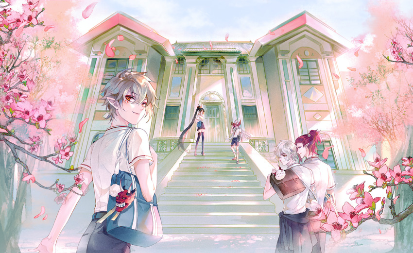 1girl 4boys alternate_costume bag facial_mark hannya_(onmyoji) high_ponytail ibaraki_douji_(onmyoji) karasu_tengu_(onmyoji) long_hair looking_at_viewer multiple_boys onmyoji petals pointy_ears ponytail red_hair school short_sleeves shuten_douji_(onmyoji) suzuhiko yaodao_ji yinertang youtou_hime_(onmyoji)