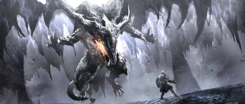 1other absurdres ambiguous_gender armor asaki_(asaki_vision) ashen_one_(dark_souls) breath_weapon breathing_fire dark_souls_(series) dark_souls_iii darkeater_midir dragon dragon_horns dragon_wings fantasy fire giant giant_monster highres holding holding_shield holding_sword holding_weapon horns monster shield sword weapon western_dragon wings