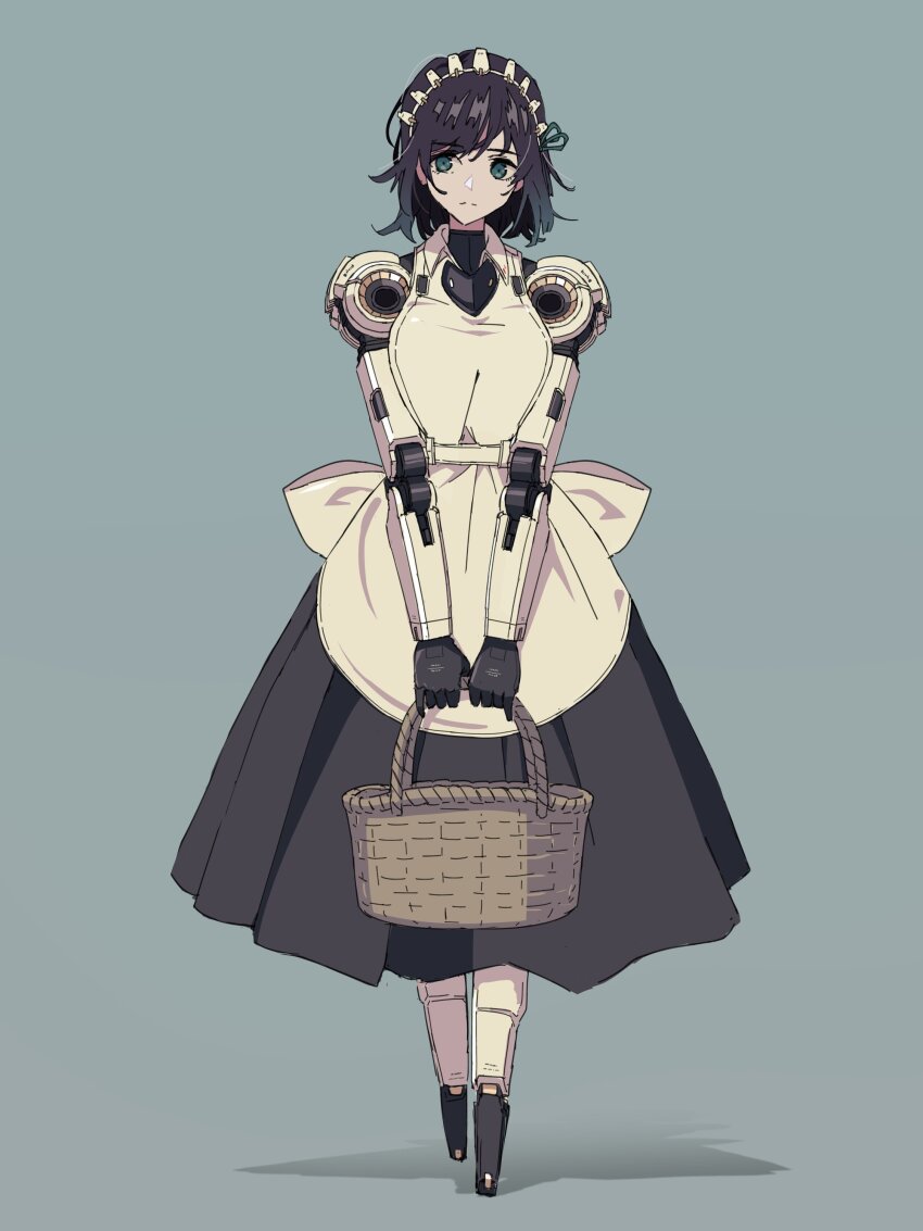 1girl absurdres apron basket black-framed_eyewear breasts closed_mouth cyborg full_body green_background green_eyes hashtag-only_commentary highres holding holding_basket ichiyon joints large_breasts long_skirt maid maid_day maid_headdress mechanical_arms mechanical_legs no_feet original robot_joints short_hair skirt solo white_apron wicker_basket