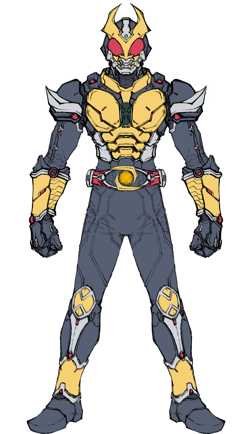 1boy absurdres agito_(ground_form) altering_(agito) armor belt black_bodysuit bodysuit breastplate clenched_hand compound_eyes rider_belt full_armor full_body gauntlets gloves gold_armor gold_horns heisei helmet highres horns kamen_rider kamen_rider_agito kamen_rider_agito_(series) looking_at_viewer male_focus mask red_eyes rider_belt shoulder_armor simple_background solo spiked_armor standing tokusatsu zd19990214