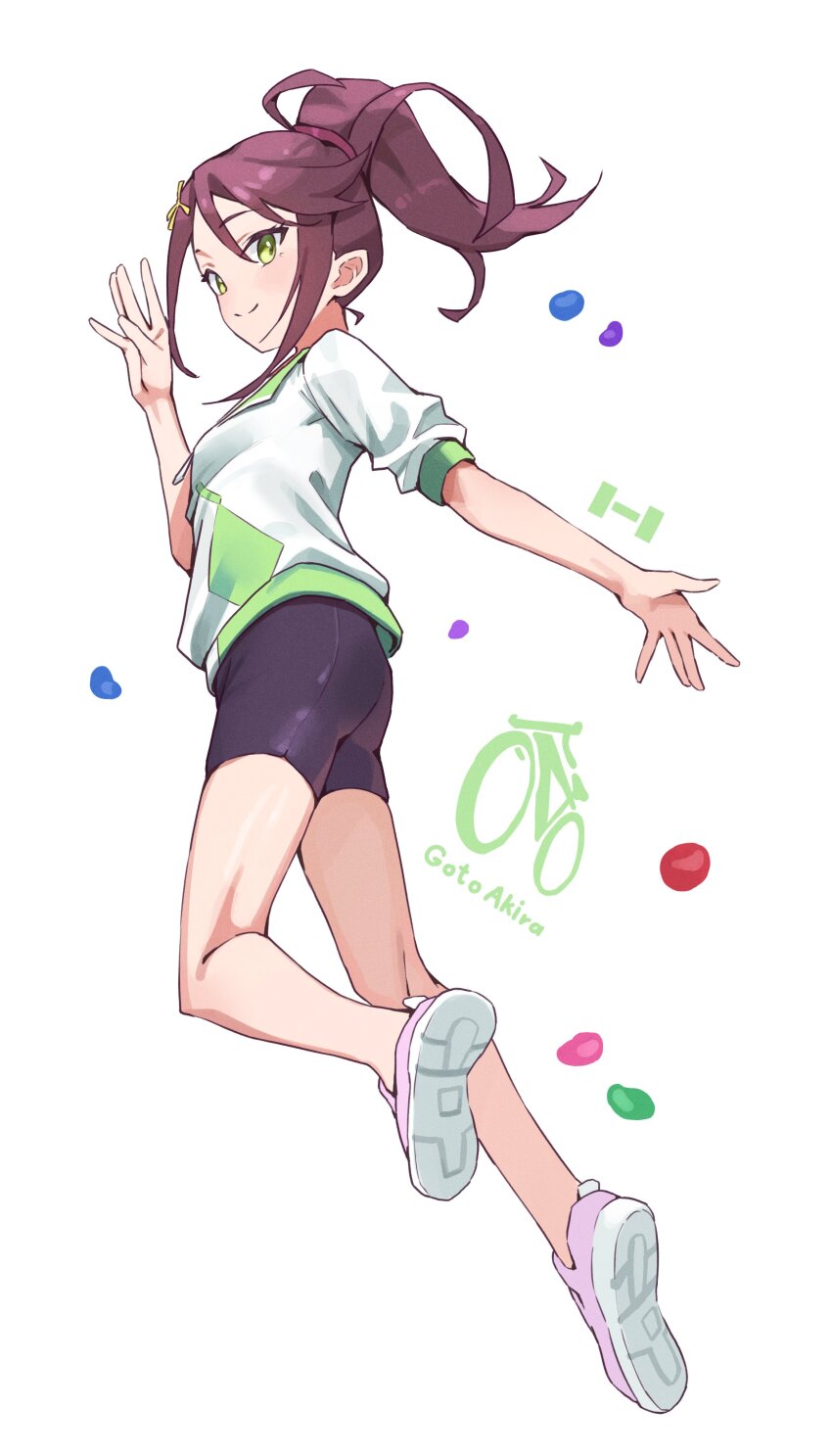 1girl absurdres ass bike_shorts black_shorts brown_hair character_name closed_mouth commentary floating_hair full_body goto_akira green_eyes hand_up high_ponytail highres ikizulive!_love_live!_bluebird jacket lone_nape_hair long_hair love_live! outstretched_arm pink_shoes ponytail shoes short-sleeved_jacket short_sleeves shorts sidelocks smile solo split_mouth sunkeun white_background white_jacket