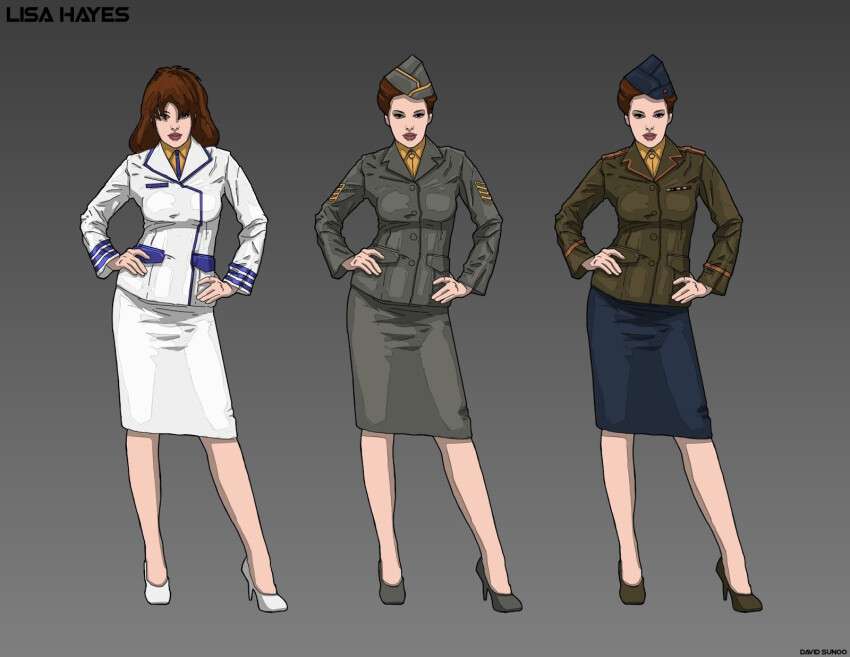 1980s_(style) 3girls brown_hair character_name choujikuu_yousai_macross cold_war color_variation commentary comparison concept_art dsunoo english_commentary english_text hands_on_own_hips hat hayase_misa highres lisa_hayes long_hair looking_at_viewer macross military military_uniform multiple_girls multiple_persona oldschool real_life retro_artstyle robotech royal_air_force science_fiction shoes signature sketch skirt u.n._spacy united_states_air_force western_comics_(style)