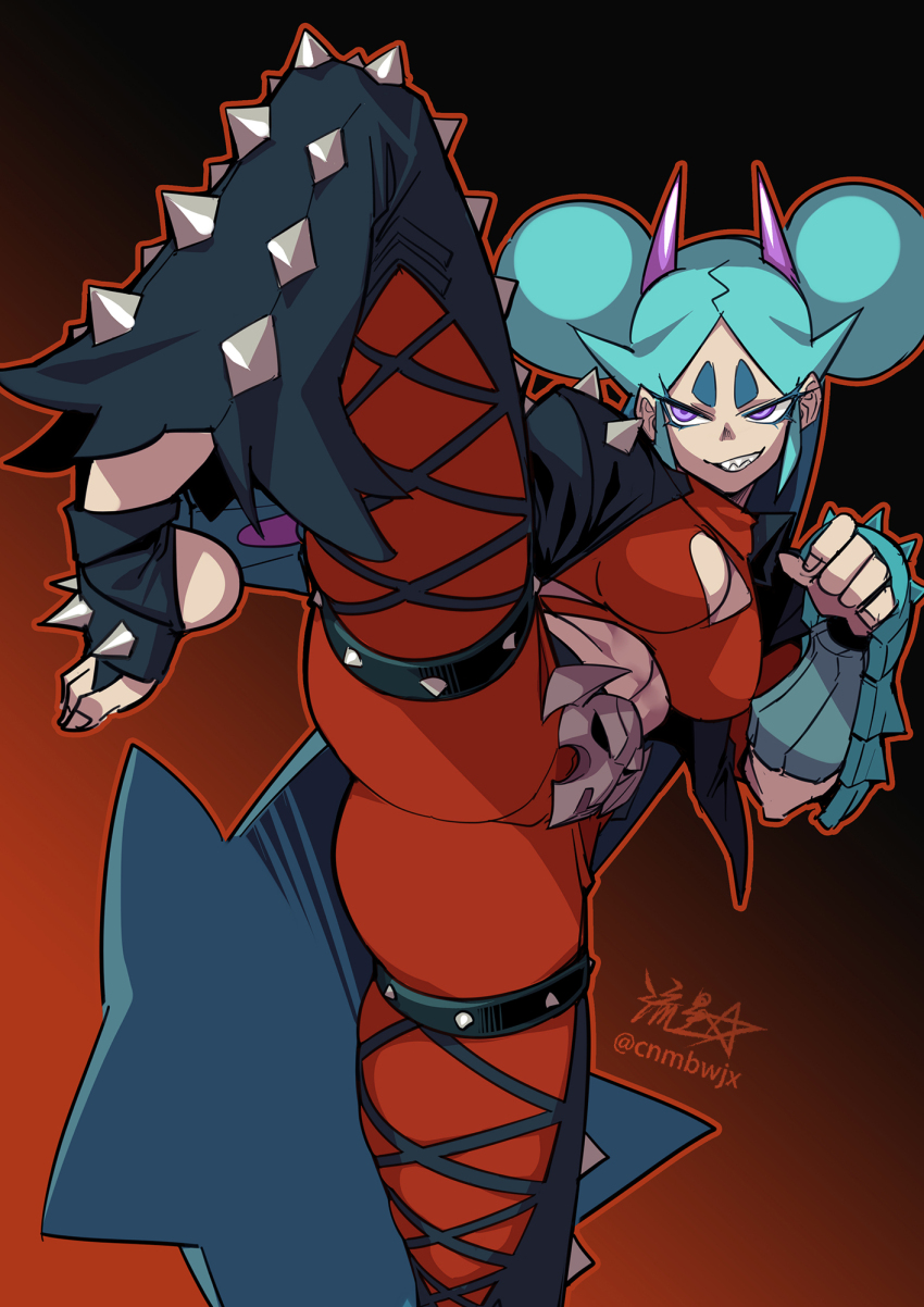 1girl aqua_hair black_jacket breasts cleavage cleavage_cutout clothing_cutout commentary double_bun english_commentary evil_grin evil_smile fighting_stance gradient_background grin hair_bun highres horns jacket long_hair medium_breasts midriff original pants purple_eyes purple_horns red_background red_pants ryuusei_(mark_ii) sharp_teeth shrimball_(ryuusei_(mark_ii)) signature smile solo spikes standing standing_on_one_leg teeth thick_eyebrows toeless_footwear turtleneck twitter_username vambraces very_long_hair