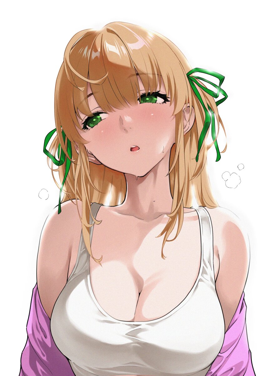 1girl absurdres azusagawa_tsukino bare_shoulders blonde_hair breasts camisole cleavage collarbone commentary_request green_eyes hair_ribbon hashiguchi_takashi highres long_hair looking_to_the_side medium_breasts open_mouth ribbon simple_background solo sweat upper_body white_background yakitate!!_japan