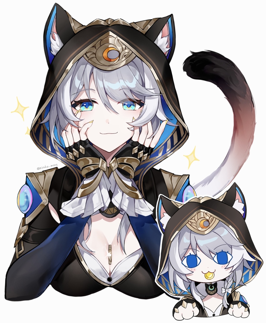 1girl absurdres animal_ears animal_hood between_breasts black_gloves blue_eyes breasts cat_ears cat_girl cat_hood cat_tail chibi chibi_inset cipher_(honkai:_star_rail) cleavage coin commentary_request cropped_torso fingerless_gloves gloves gold_coin grey_hair hand_on_own_cheek hand_on_own_face highres honkai:_star_rail honkai_(series) hood large_breasts looking_at_viewer nirako_mona official_art_inset short_hair_with_long_locks simple_background solo tail white_background
