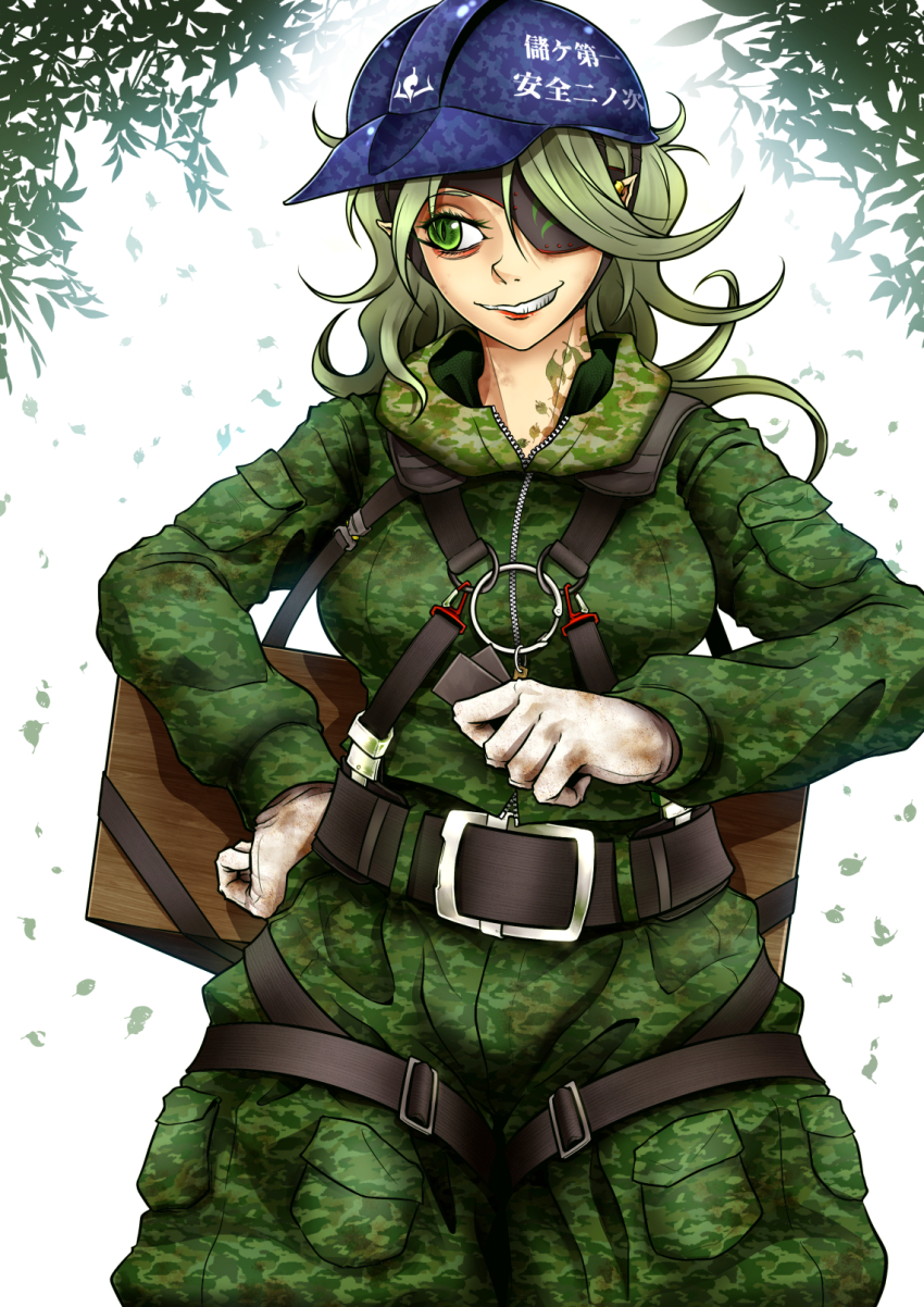 1girl belt black_belt blue_hat breasts camouflage_jumpsuit commentary_request cowboy_shot eyepatch gloves green_eyes green_hair green_jumpsuit grin hard_hat harness hat helmet highres jumpsuit large_breasts leaf long_hair looking_to_the_side messy_hair pointy_ears ryuuichi_(f_dragon) smile solo touhou unconnected_marketeers white_background white_gloves yamashiro_takane
