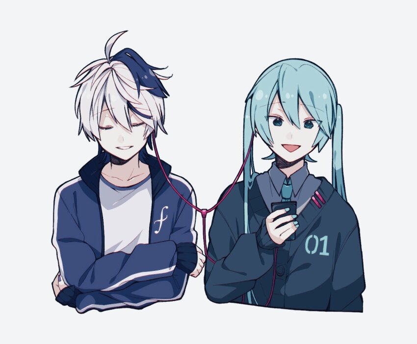 2girls androgynous aqua_shirt black_hair blue_eyes cardigan closed_eyes commentary cropped_torso crossed_arms earphones flower_(vocaloid) flower_(vocaloid4) forte_(symbol) grin hatsune_miku jacket kazuse616 listening_to_music multiple_girls musical_note musical_note_print necktie phone school_uniform shared_earphones shirt smile track_jacket upper_body vocaloid white_hair