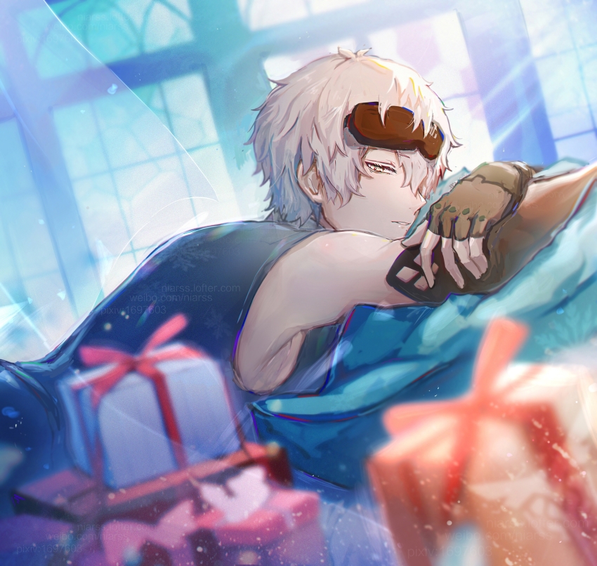 1boy alternate_costume armpit_crease black_tank_top blurry blurry_foreground curtains elbow_gloves fingerless_gloves from_side gift gloves hair_over_one_eye half-closed_eyes happy_birthday highres leather leather_gloves light_particles light_rays lofter_username looking_at_viewer lying male_focus messy_hair mole mole_under_mouth niarss on_stomach one_eye_covered pillow pixiv_id punishing:_gray_raven sleep_mask solo tank_top see-through_curtains wanshi_(pgr) watermark weibo_watermark white_hair yellow_eyes