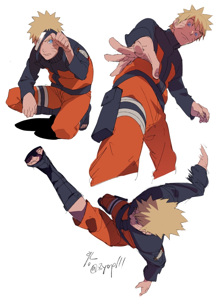 1boy blonde_hair blue_eyes closed_mouth forehead_protector highres jacket konohagakure_symbol long_sleeves male_focus multiple_views naruto_(series) naruto_shippuuden ninja orange_jacket orange_pants pants short_hair simple_background spiked_hair squatting uzumaki_naruto white_background zifletts